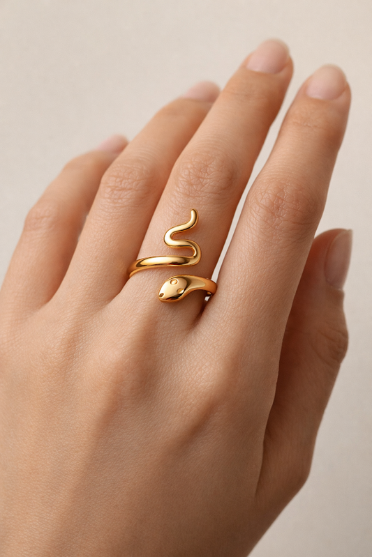 Zarini Gold Plated Snake Ring Anti Tarnish Adjustable Serpent Design Close Up Of Snake Head Detail