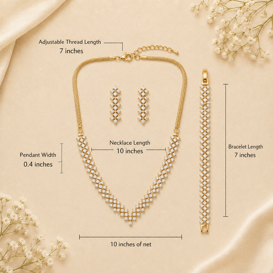 Gold jewelry set with necklace, earrings, and bracelet on a beige background with measurements.
