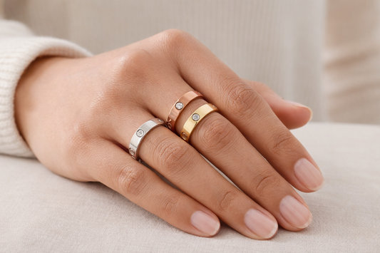 Zarini Cartier Inspired Ring Set Combo Of Gold Silver And Rose Gold Anti Tarnish Bands Front View