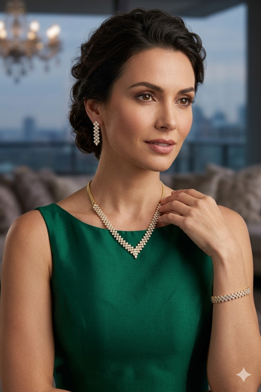 Woman wearing a green dress with jewelry in an indoor setting