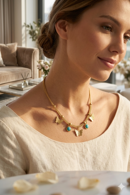 Zarinis Gold Plated Butterfly Blue Bead Charm Pendant Necklace Featuring Blue Bead Accents