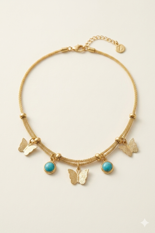 Zarinis Gold Plated Butterfly Blue Bead Charm Pendant Necklace