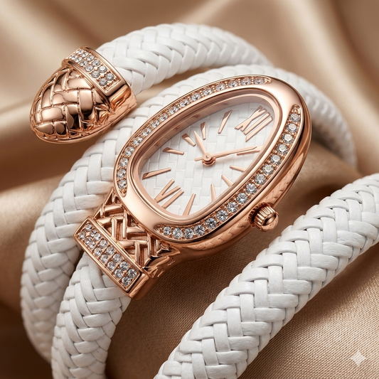 Zarini Luxe Crystal-Studded White Woven Wrap Bracelet Watch for Women | Gold-Tone Oval Dial | Elegant Fashion Timepiece