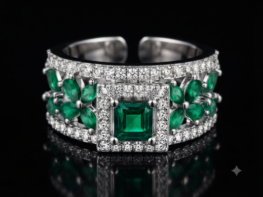 ZARINI Verdant Bloom Silver-Toned Green Floral Ring