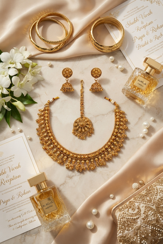Antique Gold Beaded Choker Set with Maang Tikka