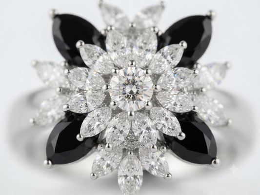 ZARINI Midnight Blossom Black & Clear Floral Statement Ring