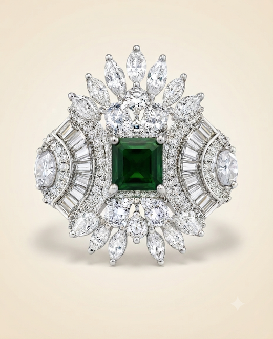ZARINI Verdant Crown Green Stone Silver-Toned Statement Ring