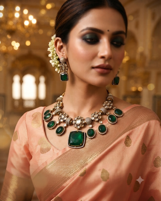 Zarini Noor Emerald Kundan Statement Necklace Set