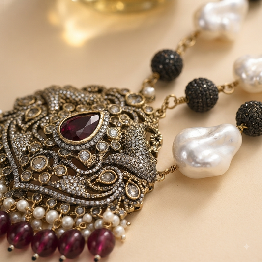 Zarini Ruhaani Ruby Baroque Pearl Long Necklace Set
