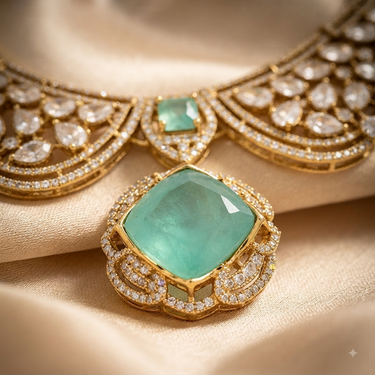 Zarini Aafreen Aqua Kundan Statement Necklace Set