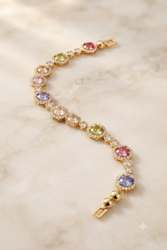 Multicolor Crystal Bracelet for Women | Golden Rainbow Gemstone & Zircon Link Bracelet