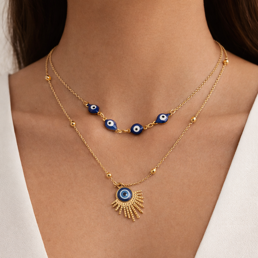 Zarini’s Gold-Toned Layered Evil Eye Necklace with Multiple Blue Beads