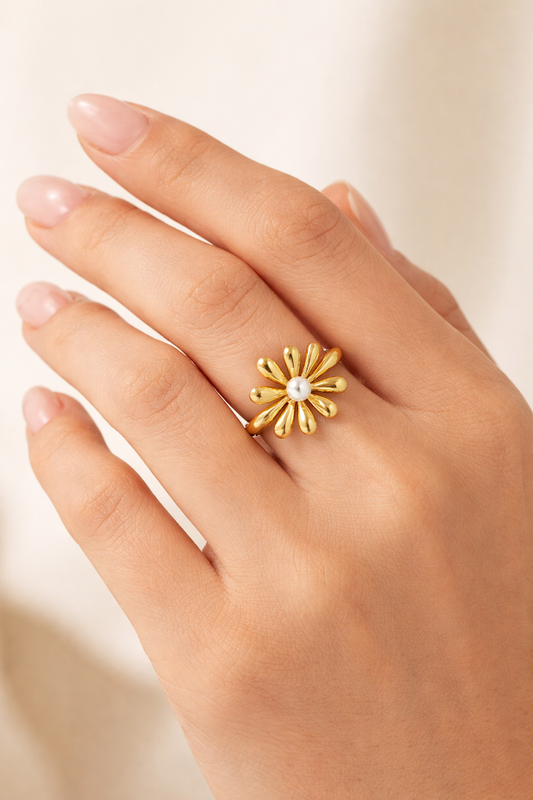 Zarini Gold Toned Flower Ring Anti Tarnish Floral Design With Central Faux Pearl Showing Flower Petal Structure