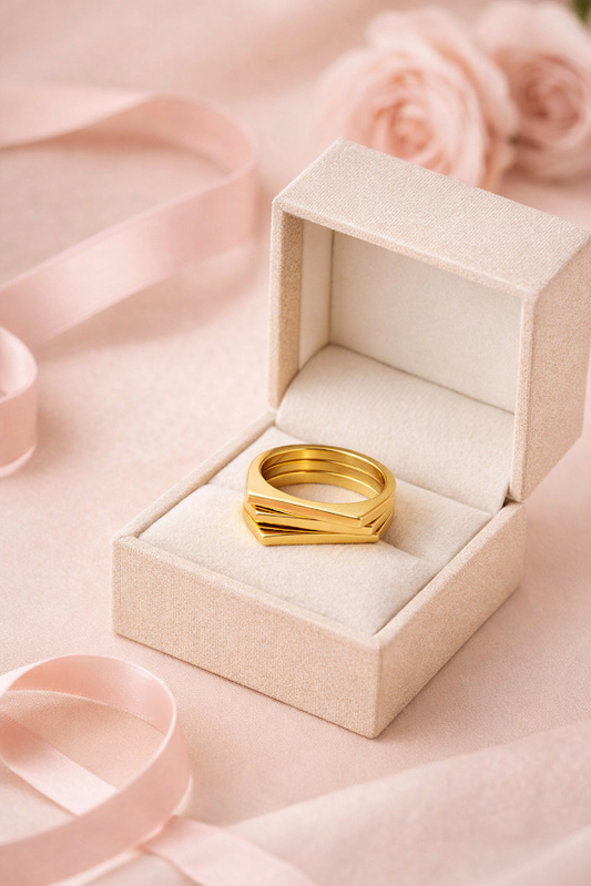 Zarinis Stainless Steel Gold Plated Geometric Stackable Ring Set Anti Tarnish Front View Of Three Stackable Rings