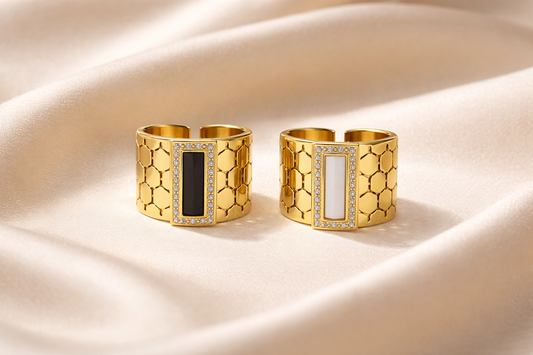 Zarinis Gold Plated Stainless Steel Honeycomb Geometric Ring Front View Showing Honeycomb Pattern