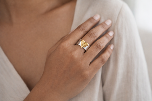 Zarinis Two Tone Adjustable Heart Statement Ring Anti Tarnish Front View Showing Heart Shaped Design