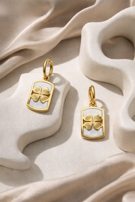 Zarinis Gold Plated Square Dangle Four Leaf Clover Clip On Screw Back Earrings With White Enamel Clover Design