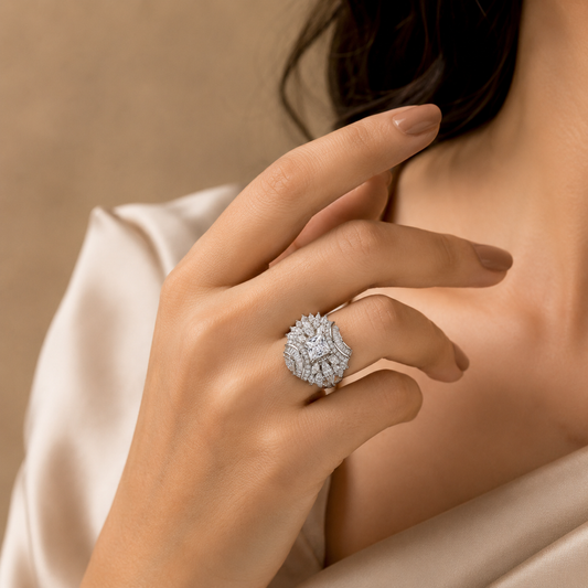 ZARINI Crystal Majesty Silver-Toned Statement Ring