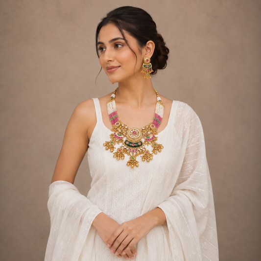 Woman wearing a gold necklace and earrings on a beige background