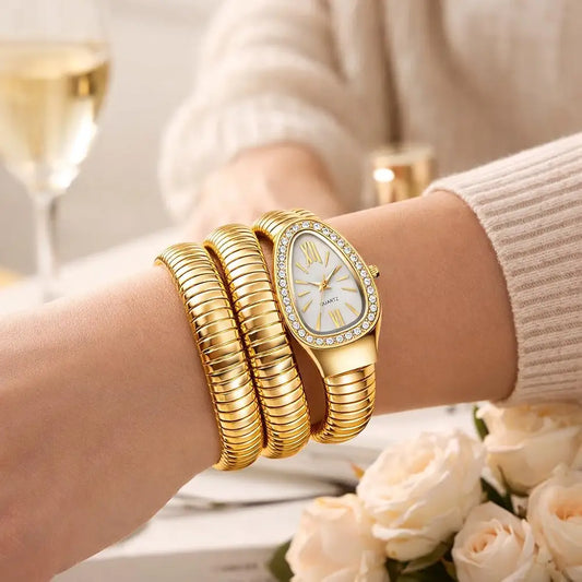 Zarini Luxe Crystal Gold Wrap Bracelet Watch for Women | Ivory Pearl Oval Dial Designer Timepiece