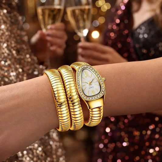 Zarini Luxe Crystal Gold Wrap Bracelet Watch for Women | Ivory Pearl Oval Dial Designer Timepiece