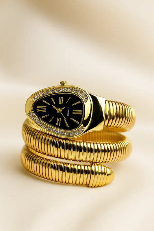Zarini Luxury Gold-Tone Snake Wrap Bracelet Watch for Women | Crystal-Studded Dial | Free Size