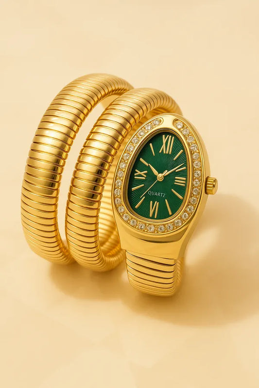 Zarini Luxe Crystal Gold Wrap Bracelet Watch for Women | Emerald Blue Oval Dial Designer Timepiece