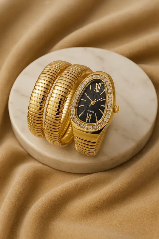 Zarini Luxury Gold-Tone Snake Wrap Bracelet Watch for Women | Crystal-Studded Dial | Free Size
