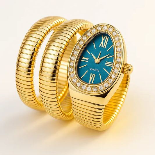 Zarini Luxe Crystal Gold Wrap Bracelet Watch for Women | Teal Blue Oval Dial Designer Timepiece