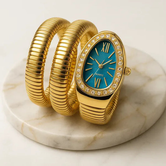 Zarini Luxe Crystal Gold Wrap Bracelet Watch for Women | Teal Blue Oval Dial Designer Timepiece