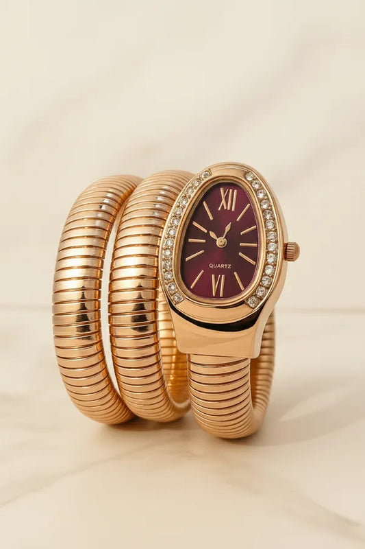 Zarini Luxe Crystal Gold Wrap Bracelet Watch for Women | Maroon Oval Dial Designer Timepiece