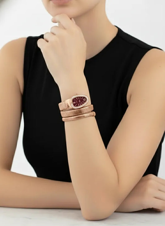 Zarini Luxe Crystal Gold Wrap Bracelet Watch for Women | Maroon Oval Dial Designer Timepiece