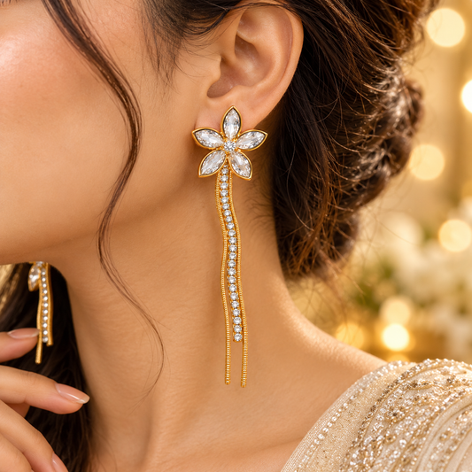 Zarini Gold-Tone Crystal Floral Drop Earrings | Long Dangle Statement Earrings