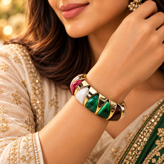 Zarini Multicolour Enamel Statement Bangle for Women | Gold-Tone Geometric Bracelet