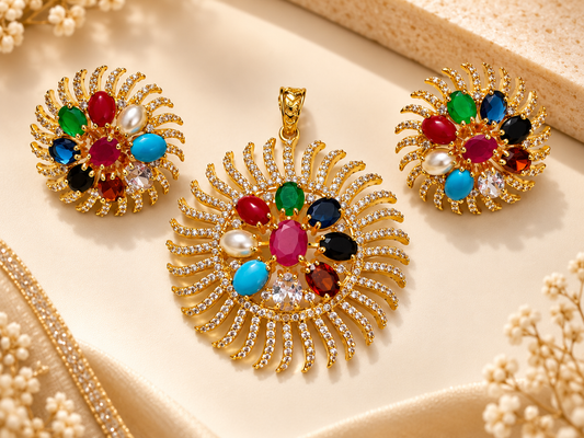 ZARINI Rangoli Radiance Multicolour Sunburst Pendant Set