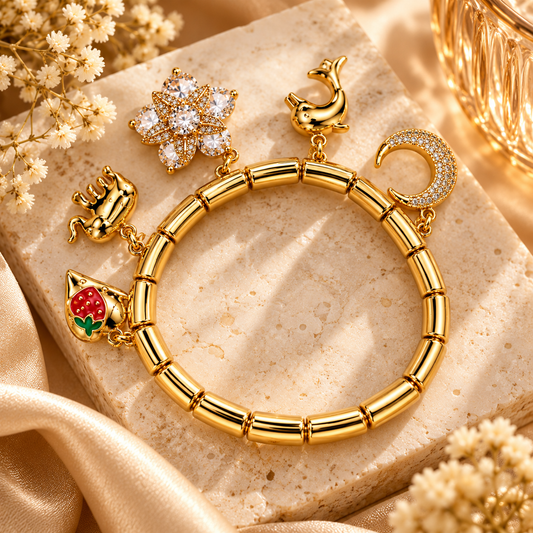 Zarini Gold-Tone Crystal Charm Bracelet for Women | Moon, Dolphin & Floral Charms