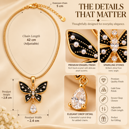 Zarini Black Butterfly Pendant Necklace for Women | Gold-Tone Pearl & Crystal Embellished Jewellery