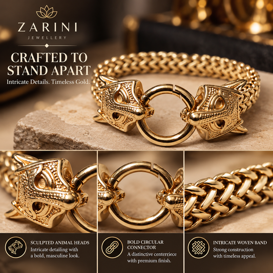 Zarini Gold-Tone Twin Animal Head Chain Bracelet for Men | Bold Statement Jewellery