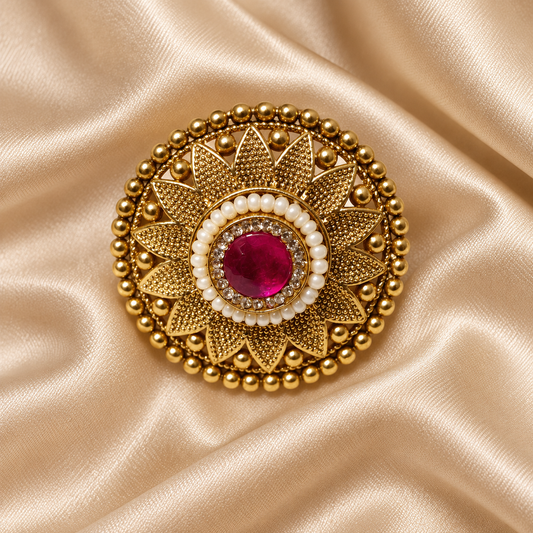 Zarini Gold Plated Pearl Ruby Floral Statement Ring