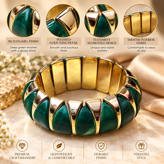 Zarini Emerald Green Marbled Statement Bangle for Women | Gold-Tone Elegant Bracelet