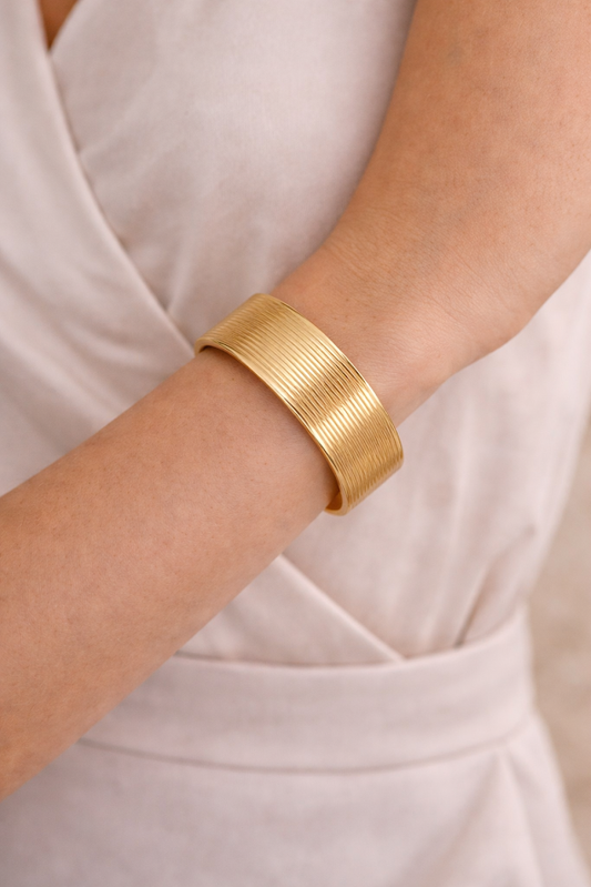 Zarini Textured Wide Cuff Bracelet Gold Tone Adjustable Statement Piece Featuring Wide Band Design