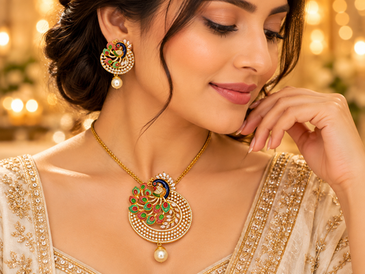 ZARINI Mayura Garden Multicolour Gold plated Peacock Pendant Set