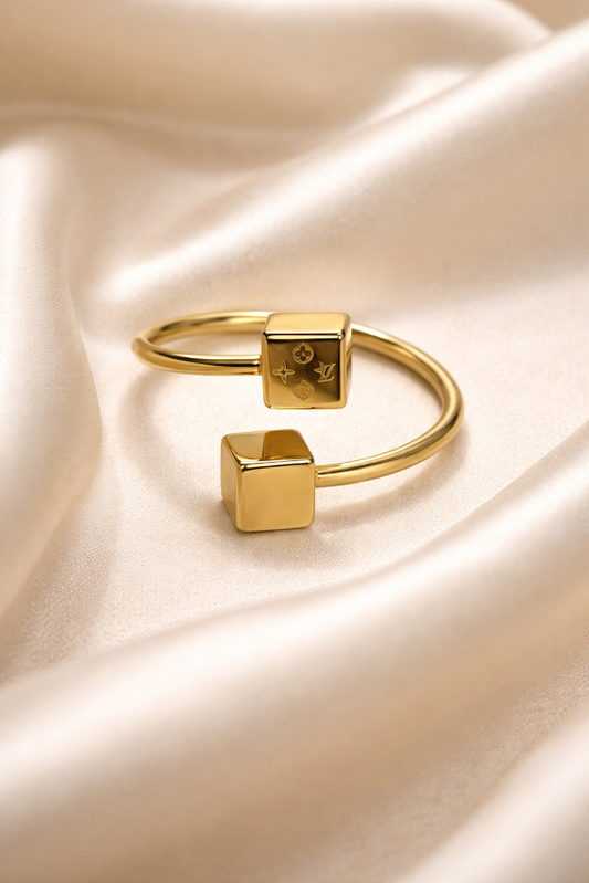 Zarini Double Cube Ring Gold Plated Anti Tarnish Open Statement Design Angled View Highlighting Geometric Cube Design