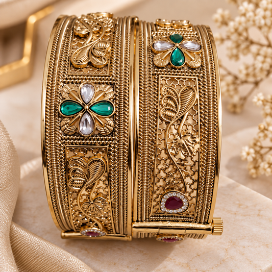 Zarini Antique Gold-Toned Peacock Kada Bangles with Green, White & Ruby Stones – Set of 2