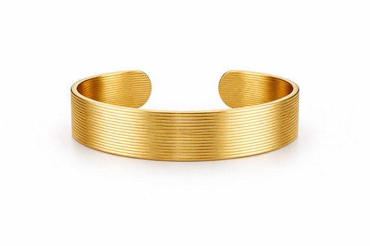 Zarini Textured Wide Cuff Bracelet Gold Tone Adjustable Statement Piece Front View