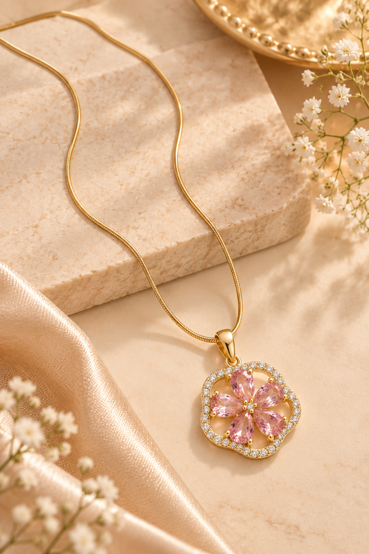 Pink Crystal Floral Pendant Necklace for Women | Elegant Gold-Tone Statement Jewellery