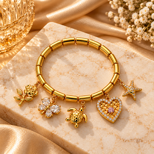 Zarini Gold-Tone Crystal Charm Bracelet for Women | Heart, Butterfly & Starfish Bracelet