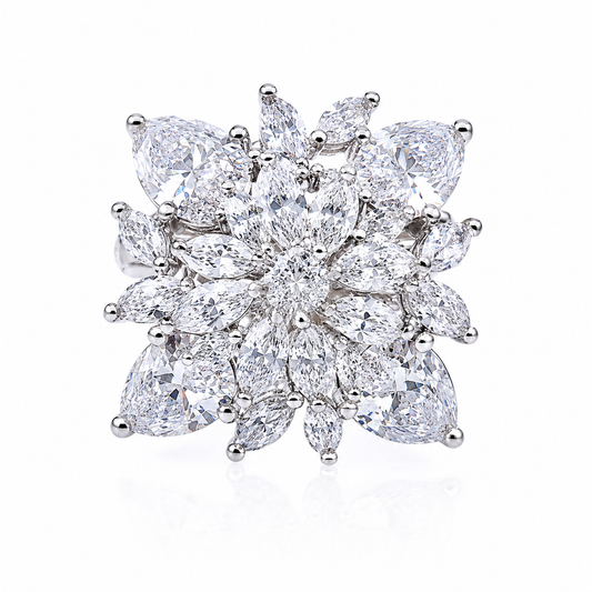 ZARINI Crystal Blossom Silver-Toned Floral Statement Ring