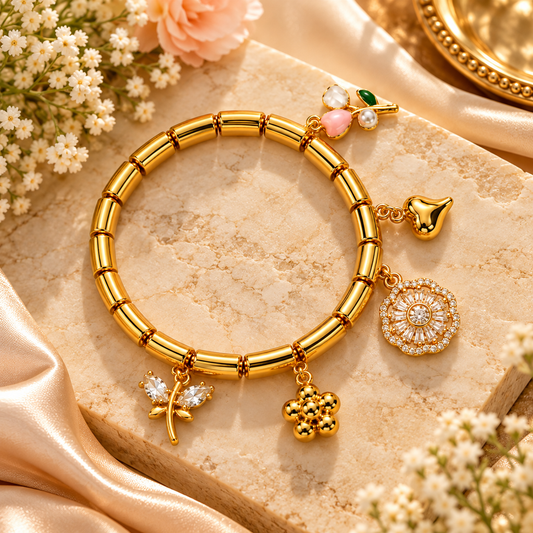 Zarini Gold-Tone Floral Charm Bracelet for Women | Crystal & Pearl-Style Charm Bracelet