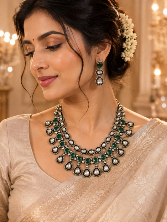 Zarini Meher Emerald Polki Layered Necklace Set
